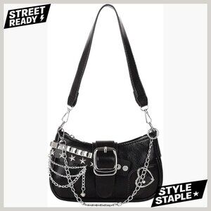 Y2K Coquette Shoulder Bag with Chain Strap, Faux Leather Handbag